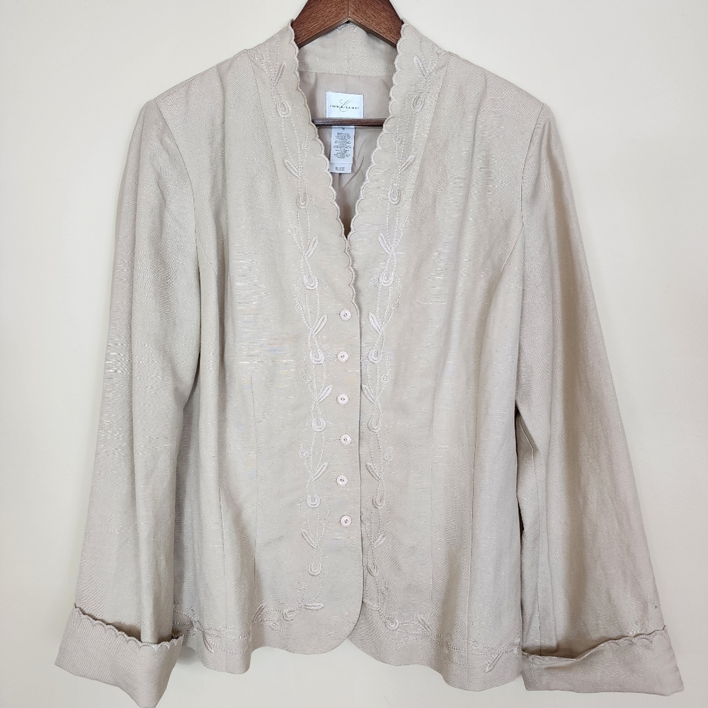 Emma James Embroidered Linen Blazer Jacket Beige Scalloped Cuff Edges Size 16